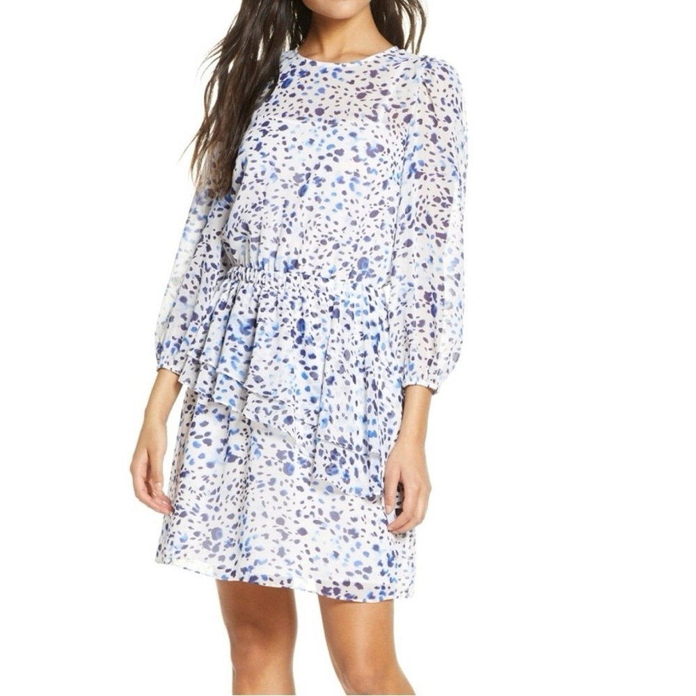 Eliza J Spotted Speckled Blue White Chiffon Ruffle Mini Dress